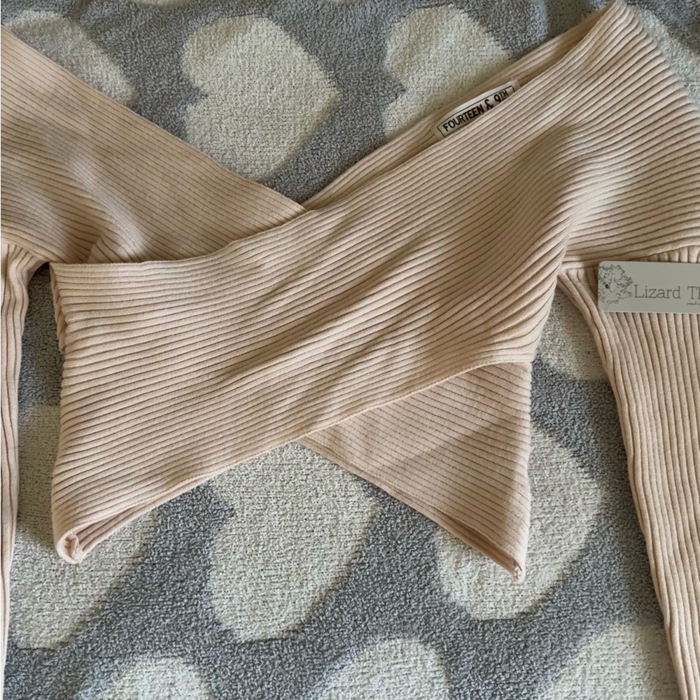 Lizard Thicket Ribbed Knit Wrap Off-the-Shoulder Sweater